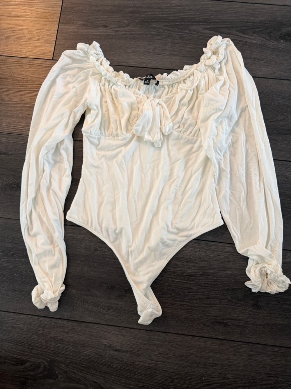 Lulu's White Off-Shoulder Long Sleeve Bodysuit with Tie Front